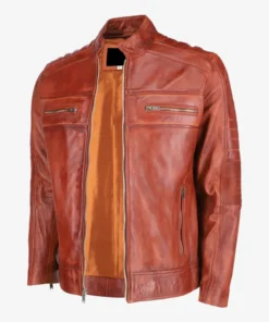 Mens Brown Cafe Racer Leather Jacket Zipper