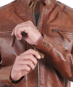 Men's Brown Quilted Shoulders Cafe Racer Cognac Leather Jacket Cuffs