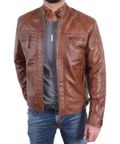 Men's Brown Quilted Shoulders Cafe Racer Cognac Leather Jacket Main