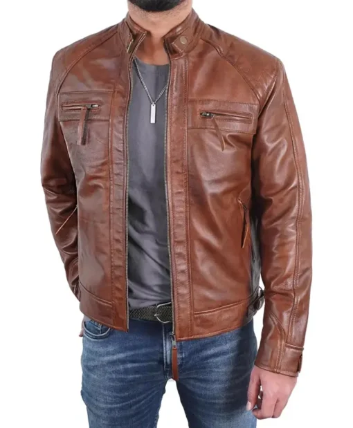 Men's Brown Quilted Shoulders Cafe Racer Cognac Leather Jacket Main