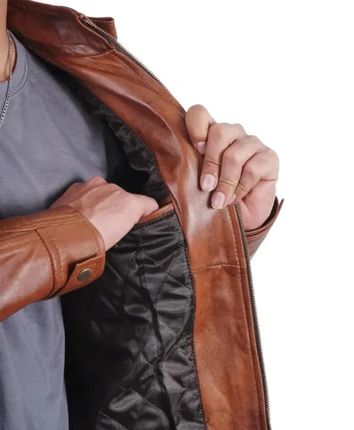 Men's Brown Quilted Shoulders Cafe Racer Cognac Leather Jacket Pocket