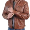 Men's Brown Quilted Shoulders Cafe Racer Cognac Leather Jacket Sleeves