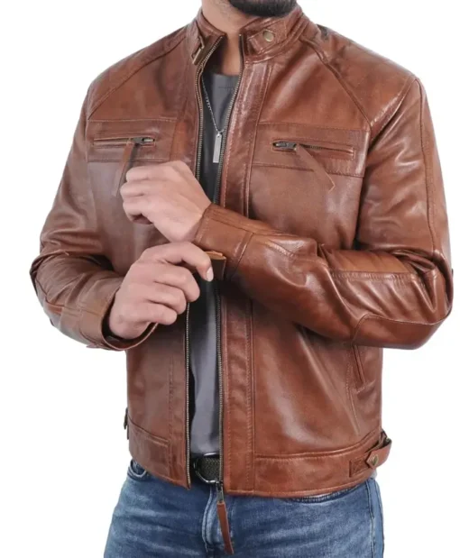 Men's Brown Quilted Shoulders Cafe Racer Cognac Leather Jacket Sleeves