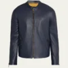 Men's Crest Blue Cafe Leather Racer Jacket Main