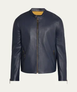 Men's Crest Blue Cafe Leather Racer Jacket Main