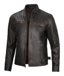 Men's Dark Brown Cafe Racer Leather Jacket Main