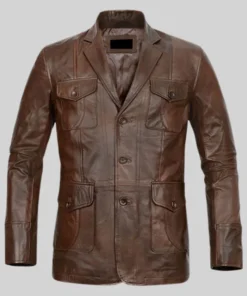 Men's Dark Brown Leather Spanish Blazer With Pockets Main