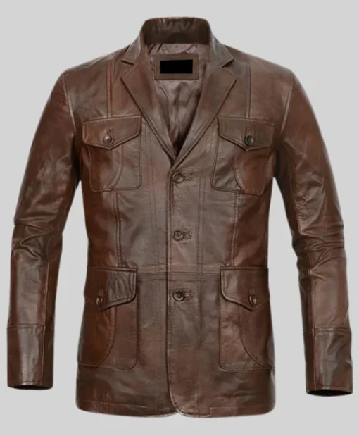 Men's Dark Brown Leather Spanish Blazer With Pockets Main