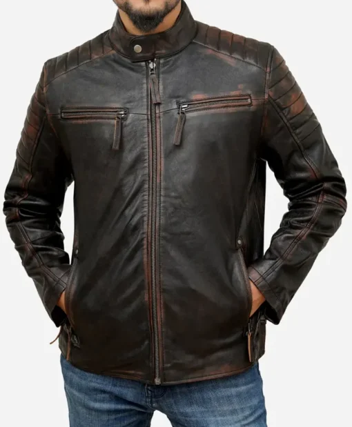 Men's Distressed Brown Leather Cafe Racer Jacket Main