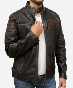 Men's Distressed Brown Leather Cafe Racer Jacket Side