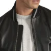 Men's Lambskin Back Leather Bomber Jacket with Grey Stripes Collar