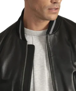 Men's Lambskin Back Leather Bomber Jacket with Grey Stripes Collar