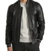 Men's Lambskin Back Leather Bomber Jacket with Grey Stripes Main