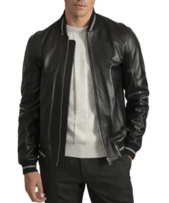 Men's Lambskin Back Leather Bomber Jacket with Grey Stripes Main