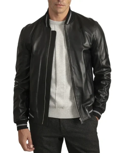 Men's Lambskin Back Leather Bomber Jacket with Grey Stripes Main