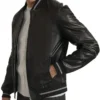 Men's Lambskin Back Leather Bomber Jacket with Grey Stripes Sleeves