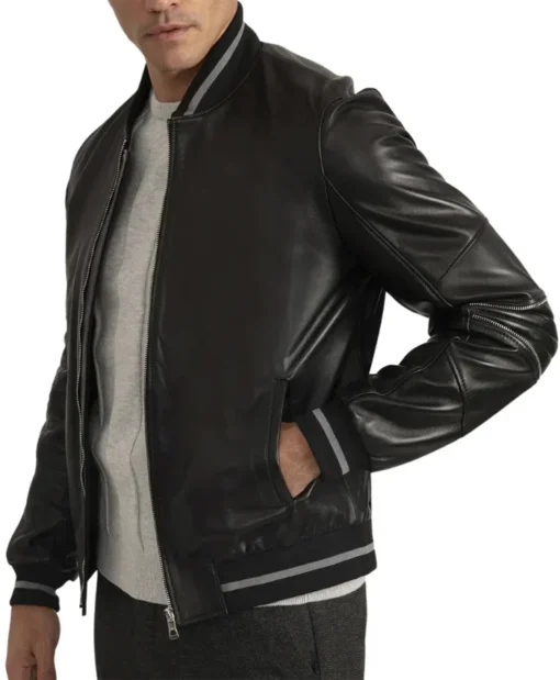 Men's Lambskin Back Leather Bomber Jacket with Grey Stripes Sleeves