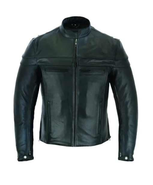 Mens Premium Cafe Racer Leather Motorcycle Jacket with Zipper Cuffs