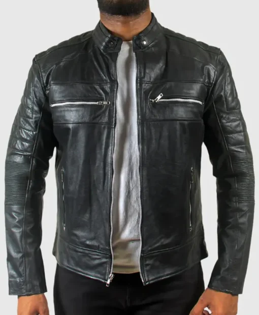 Mens Quilted Motorcycle Cafe Racer Leather Jacket Main