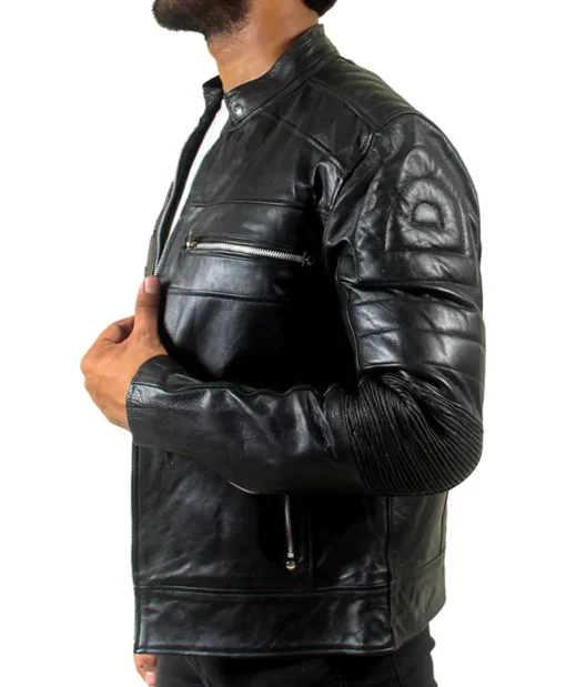 Mens Quilted Motorcycle Cafe Racer Leather Jacket Side