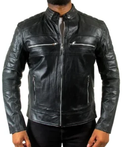 Mens Quilted Motorcycle Cafe Racer Leather Jacket Zipper