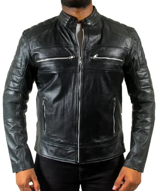 Mens Quilted Motorcycle Cafe Racer Leather Jacket Zipper