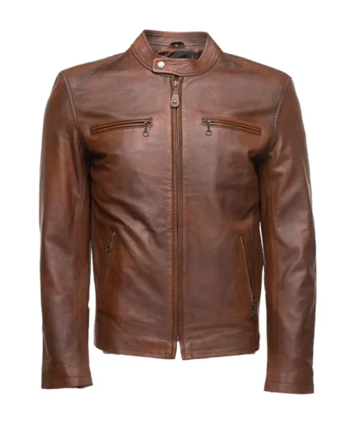 Men's Tone Brown Cafe Racer Leather Jacket Main