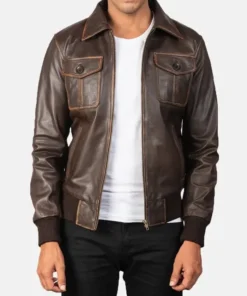 Mens Vintage Brown Leather Bomber Jacket Main