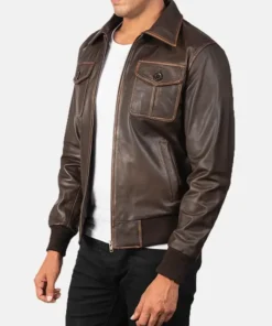 Mens Vintage Brown Leather Bomber Jacket Side