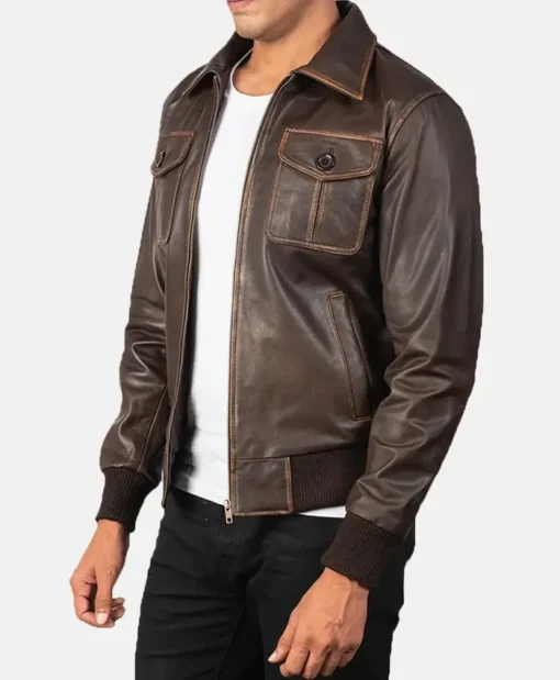 Mens Vintage Brown Leather Bomber Jacket Side