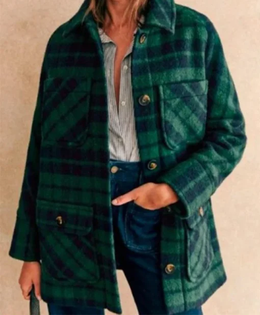 Niamh Algar Playing Nice S01 Green Tartan Plaid Coat - Image 2