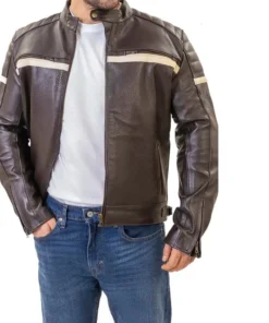 Padded Shoulder Brown Cafe Racer Leather Jacket Side