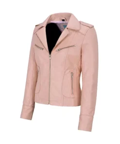 Pink Leather Biker Jacket Womens Side