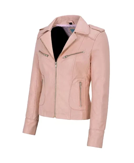 Pink Leather Biker Jacket Womens Side