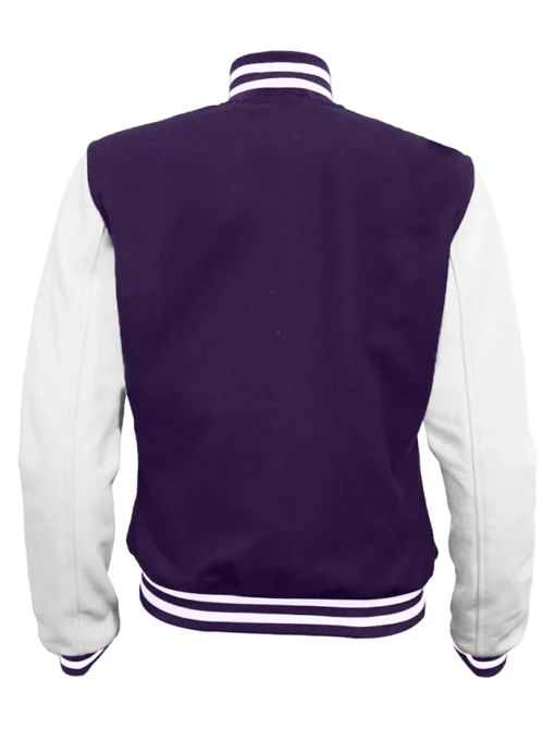 Purple and White Varsity Jacket Back