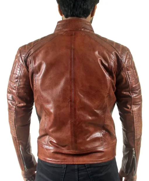 Quilted Brown Men's Motorcycle Cafe Racer Leather Jacket Back