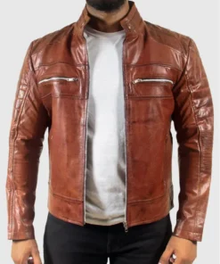 Quilted Brown Men's Motorcycle Cafe Racer Leather Jacket Main