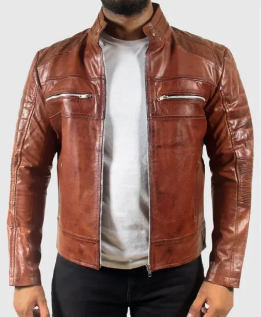 Quilted Brown Men's Motorcycle Cafe Racer Leather Jacket Main