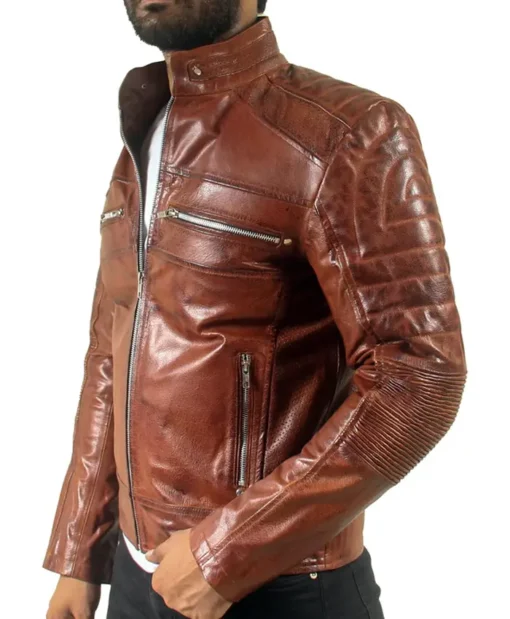 Quilted Brown Men's Motorcycle Cafe Racer Leather Jacket Side