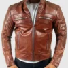 Quilted Brown Men's Motorcycle Cafe Racer Leather Jacket Zipper