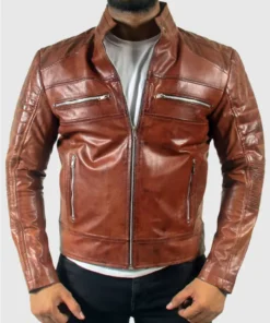 Quilted Brown Men's Motorcycle Cafe Racer Leather Jacket Zipper