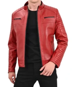 Red Mens Cafe Racer Leather Quilted Jacket Main