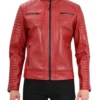 Red Mens Cafe Racer Leather Quilted Jacket Zipper