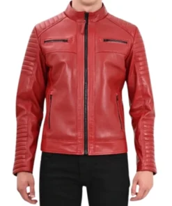 Red Mens Cafe Racer Leather Quilted Jacket Zipper