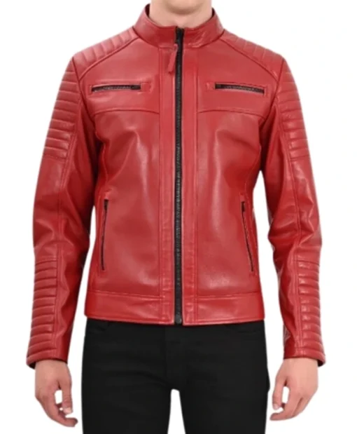 Red Mens Cafe Racer Leather Quilted Jacket Zipper