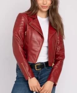 Red Womens Leather Motorcycle Biker Jacket Zipper