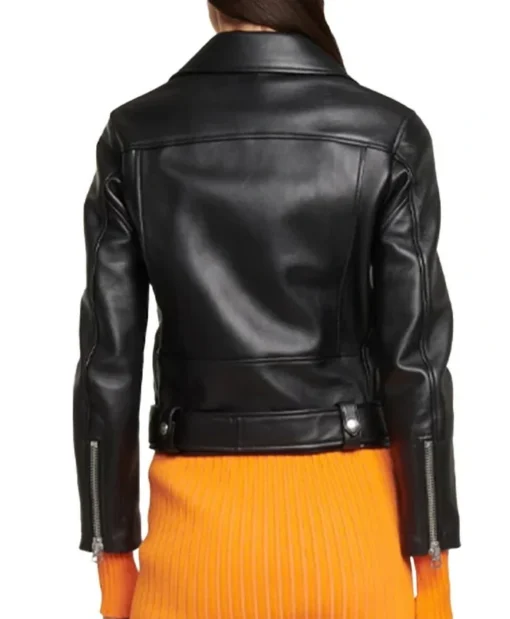 Slim Fit Belted Black Motorcycle Jacket For Women Back