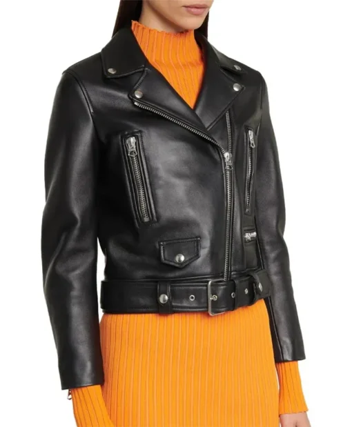 Slim Fit Belted Black Motorcycle Jacket For Women Front