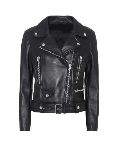 Slim Fit Belted Black Motorcycle Jacket For Women Main