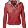 Slim Fit Hooded Red Leather Jacket